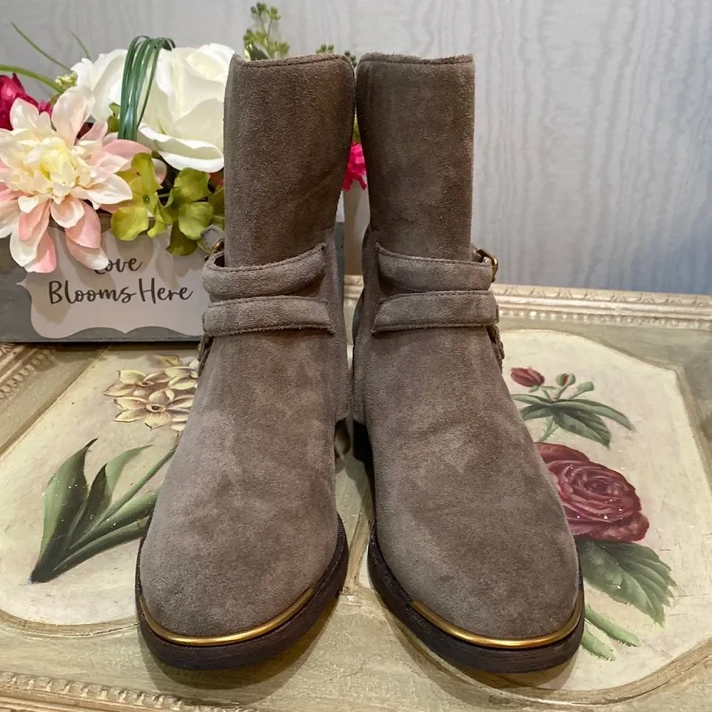 UGG Kelby Suede Leather Harness Ankle Boots Mouse Gray Sz 7 Excellent Condition
